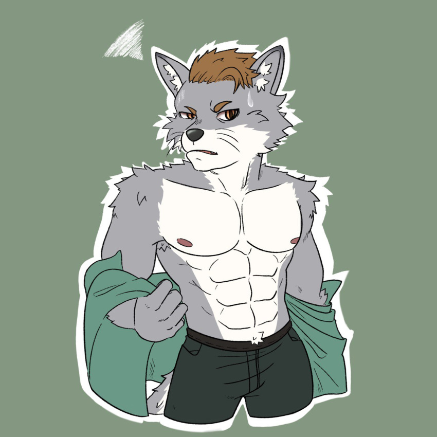 2023 abs annoyed anthro armpit_hair athletic athletic_male bodily_fluids body_hair bottomwear brown_hair canid canine clothed clothing colored corsac_fox digital_media_(artwork) fox fur grey_body grey_fur hair hi_res inner_ear_fluff male mammal mnesis nipples pants partially_clothed pecs simple_background solo standing super-nova swaggy_tamago sweat sweatdrop tail tuft undressing