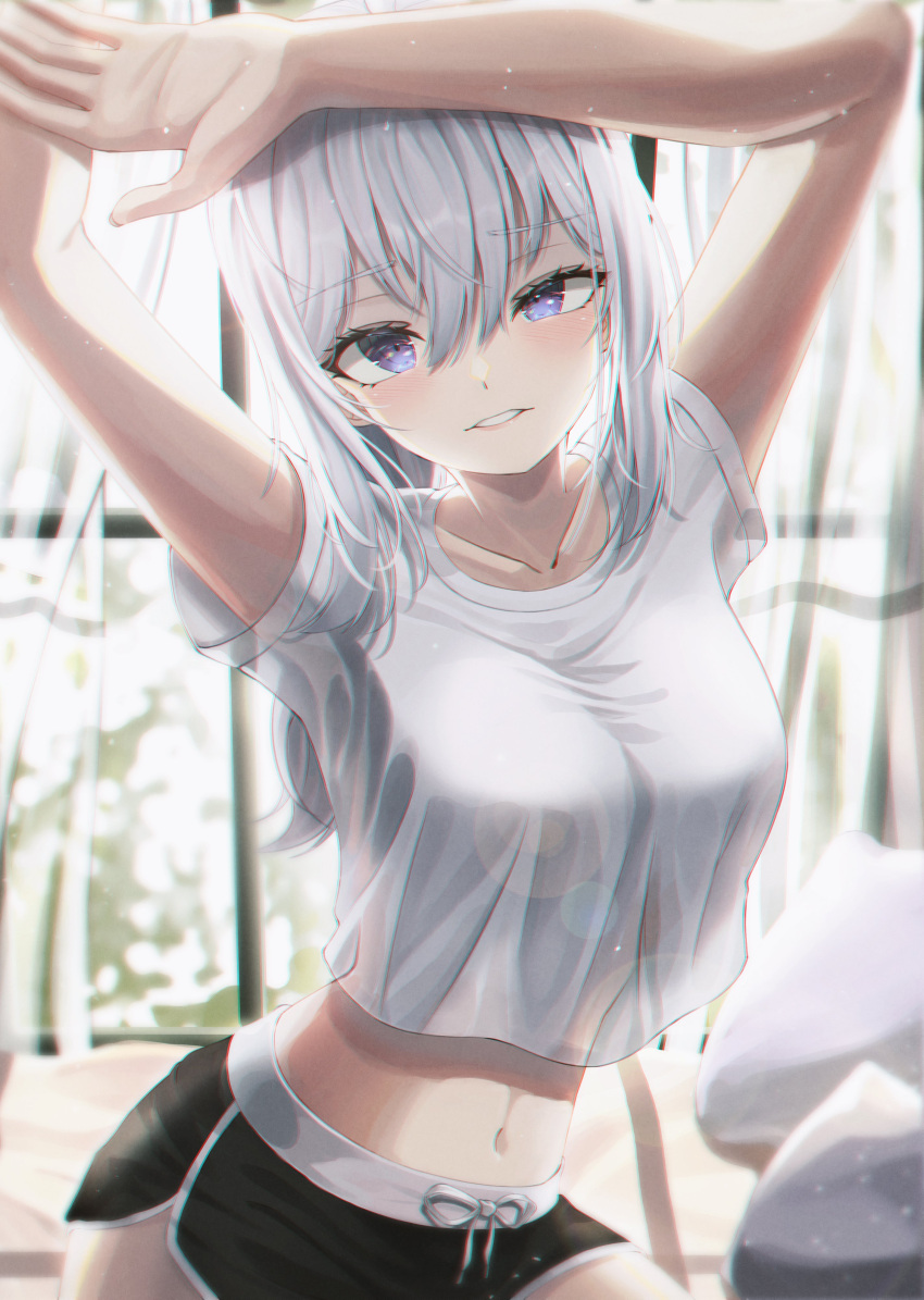 1girl absurdres arms_up backlighting black_shorts bloom collarbone commentary crop_top crop_top_overhang curtains day dolphin_shorts hair_between_eyes highres indoors ine_(vtuber) lens_flare long_hair looking_ahead looking_at_viewer midriff navel parted_lips purple_eyes ryon_y0421 shirt short_shorts short_sleeves shorts solo straight-on t-shirt upper_body virtual_youtuber waktaverse white_hair white_shirt window