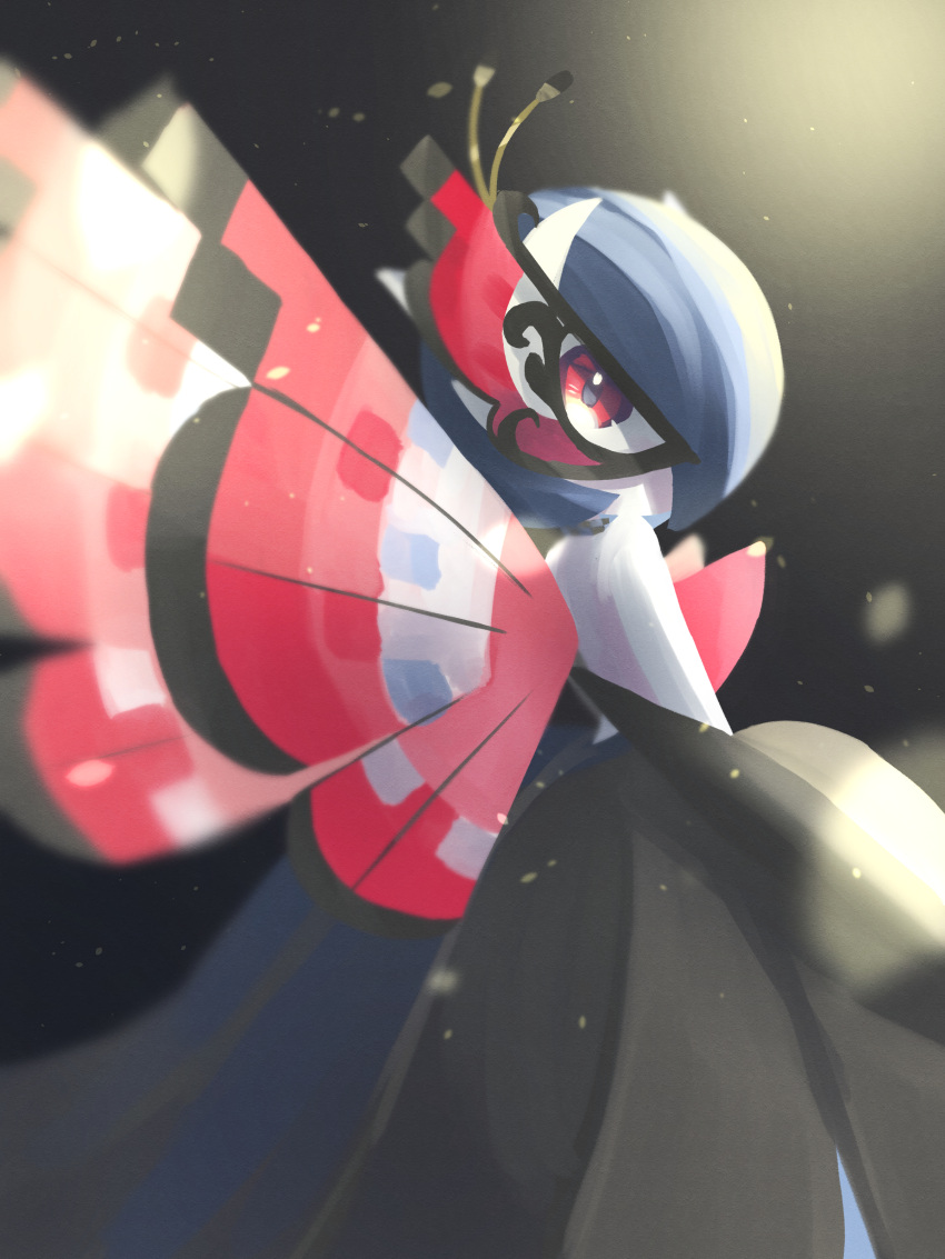 1girl absurdres alternate_color backlighting bare_shoulders black_background black_gloves black_skirt blue_hair bob_cut butterfly_wings clothed_pokemon colored_skin commentary elbow_gloves from_behind gardevoir gloves hair_over_one_eye highres light_particles looking_at_viewer looking_back mame_(pixiv_57985908) mask masquerade_mask mega_gardevoir mega_pokemon one_eye_covered pokemon pokemon_(creature) red_eyes red_wings shiny_pokemon short_hair simple_background skirt solo standing topless white_skin wings