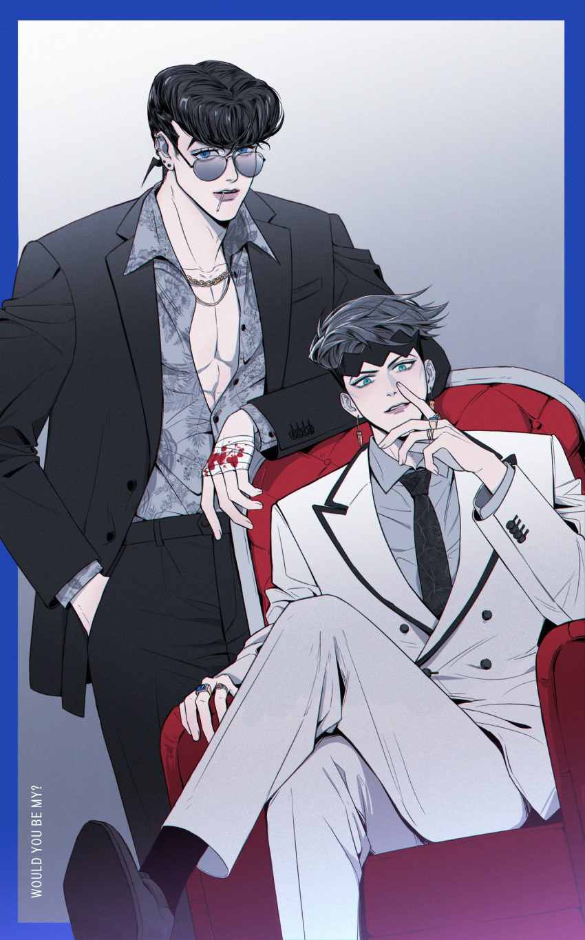 2boys bandaged_hand bandages black_hair black_jacket black_pants blood blood_on_bandages blue_eyes collarbone diamond_wa_kudakenai earrings english_text green_eyes grey_shirt hand_in_pocket headband higashikata_josuke highres jacket jewelry jojo_no_kimyou_na_bouken kishibe_rohan long_sleeves looking_at_viewer male_focus mouth_hold multiple_boys necklace pants parted_lips polina29297783 pompadour ring shirt shoes sitting smile socks sunglasses toned unbuttoned unbuttoned_shirt white_jacket white_pants yaoi