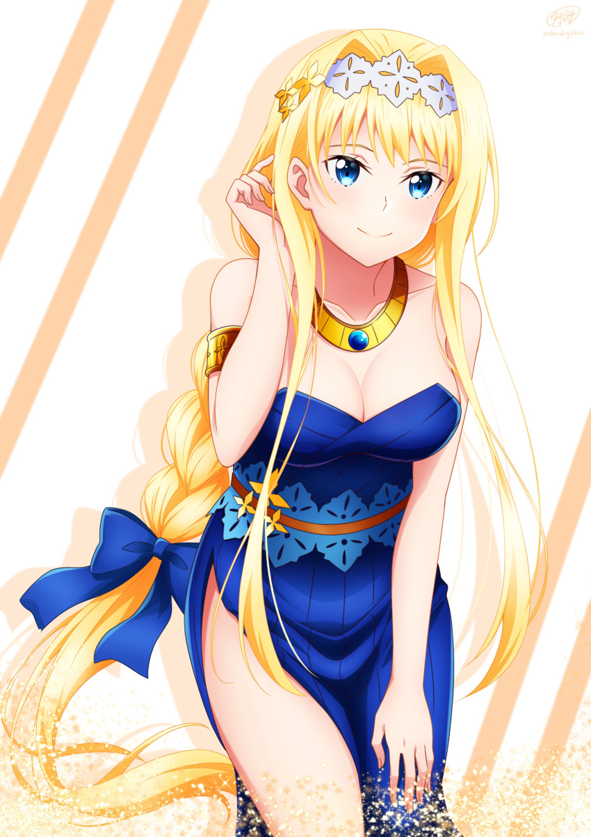 1girl alice_zuberg alternate_costume bare_shoulders blonde_hair blue_dress blue_eyes blush bow braid breasts cleavage collarbone commentary_request cowboy_shot dress hairband hand_in_own_hair hand_on_own_thigh highres jewelry ken-ji large_breasts leaning_forward long_hair looking_at_viewer side_slit single_braid sleeveless sleeveless_dress smile solo standing strapless sword_art_online thighs very_long_hair