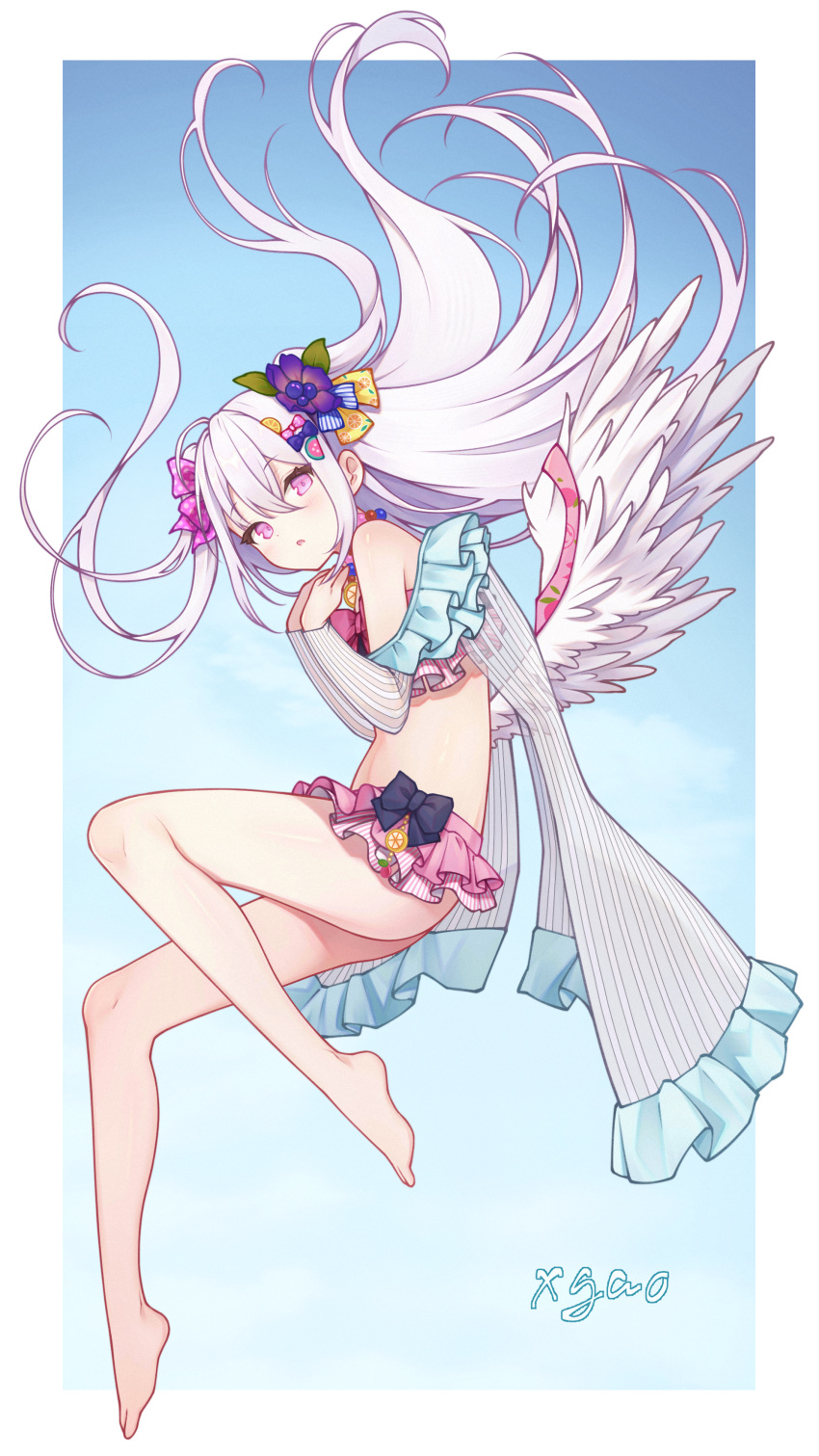 1girl absurdres angel_wings artist_name ass azusa_(blue_archive) azusa_(swimsuit)_(blue_archive) bare_legs barefoot bikini blue_archive blush bow feathered_wings flat_chest frilled_bikini frills hair_between_eyes hair_bow highres long_hair looking_at_viewer official_alternate_costume parted_lips pink_eyes signature solo swimsuit white_hair white_wings wings xgao