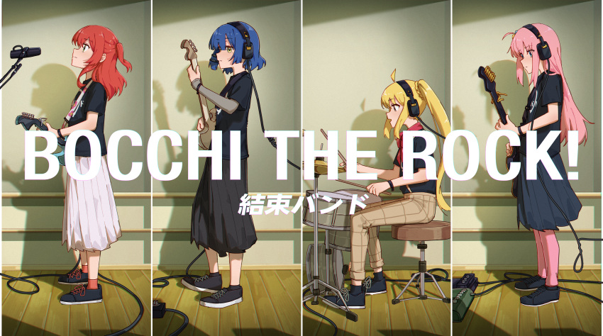 4girls absurdres ahoge bass_guitar black_footwear black_shirt black_skirt blonde_hair blue_eyes blue_hair bocchi_the_rock! brown_pants copyright_name drum drum_set electric_guitar gotoh_hitori green_eyes guitar headphones highres ijichi_nijika instrument jl_tan kita_ikuyo long_hair microphone mole mole_under_eye multiple_girls music pants pants_under_skirt pink_hair pink_pants playing_instrument red_hair shirt short_hair side_ponytail sitting skirt standing t-shirt white_skirt yamada_ryo yellow_eyes