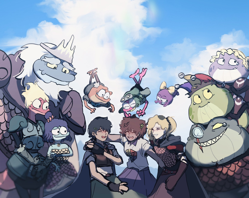 5boys 6+girls amphibia andrias_leviathan anne_boonchuy armor black_hair blonde_hair blue_sky bow braddock_(amphibia) brown_hair cape cloud cloudy_sky crown frog general_yunan grime highres hopediah_plantar lady_olivia leaf leaf_on_head marcy_wu multiple_boys multiple_girls newt outdoors parted_lips percy_(amphibia) pleated_skirt polly_plantar ponytail print_shirt purple_skirt sasha_waybright sharp_teeth shirt skirt sky smile sprig_plantar tearing_up teeth toad_(animal) upper_body white_hair yellow_bow yum3yum1