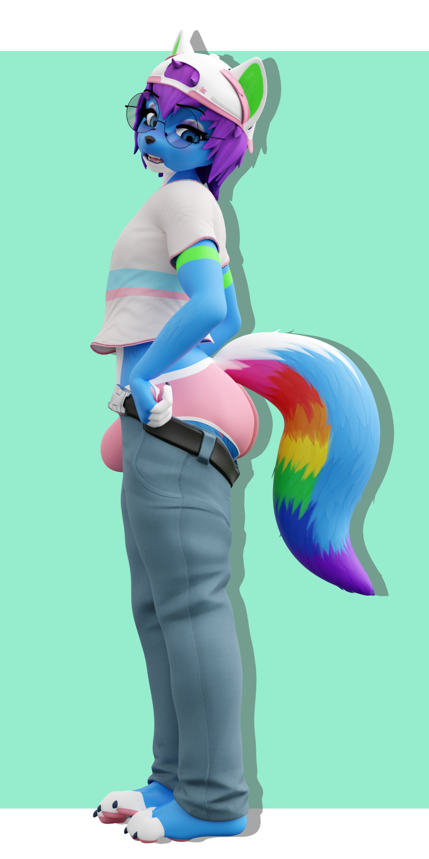 3d_(artwork) absurd_res anthro backwards_baseball_cap backwards_hat baseball_cap basedvulpine belt blue_eyes bottomwear bulge canid canine claws clothing digital_media_(artwork) eyewear feet fur furgonomic_headwear girly glasses hair hat headgear headwear hi_res icarus_skyhawk male mammal midriff multicolored_body multicolored_fur multicolored_tail open_mouth pants pawpads paws pink_clothing pink_underwear purple_hair rainbow_tail rysonanthrodog shirt solo sparkledog standing super_gay tail tight_pants_(meme) toes topwear underwear