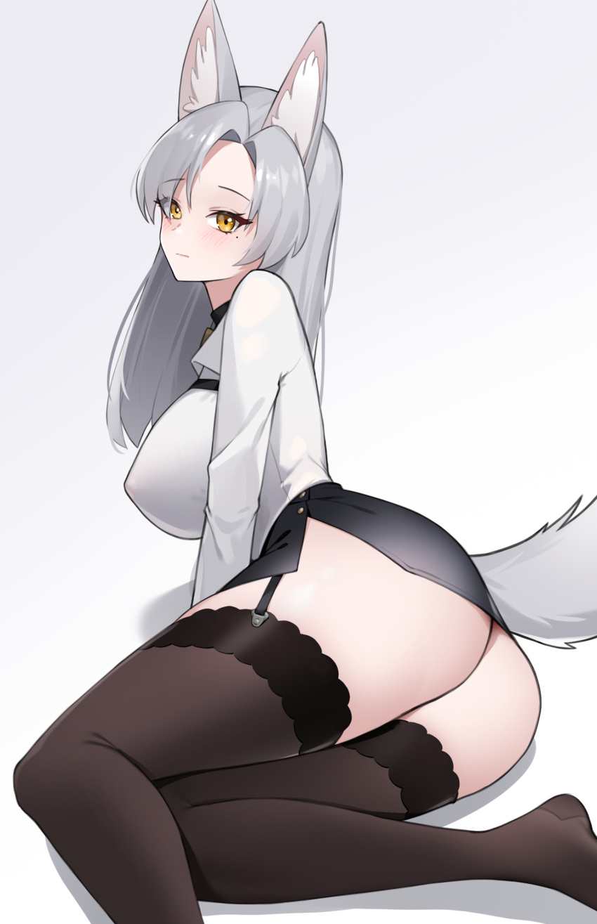 1girl absurdres animal_ears ass black_choker black_skirt brown_thighhighs choker closed_mouth collared_shirt commission covered_nipples eun_soyeon_(lustyfox) fox_ears fox_girl fox_tail garter_straps grey_hair highres long_hair long_sleeves looking_at_viewer miniskirt mole mole_under_eye no_bra no_shoes original parted_bangs pencil_skirt sbbs shirt side_slit simple_background sitting skirt solo tail thighhighs white_background white_shirt yellow_eyes yokozuwari