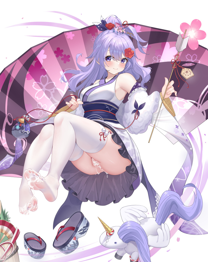 1girl absurdres armpits azur_lane black_ribbon cum cum_in_pussy cum_on_body cum_on_feet feet flower geta hair_bun hair_flower hair_ornament highres japanese_clothes kimono long_hair md5_mismatch no_panties no_shoes obi official_alternate_costume purple_eyes purple_hair ribbon sash soles solo stuffed_unicorn stuffed_winged_unicorn styx thighhighs toes unicorn unicorn_(azur_lane) unicorn_(prayer_of_plum_and_snow)_(azur_lane) white_kimono white_thighhighs yukata