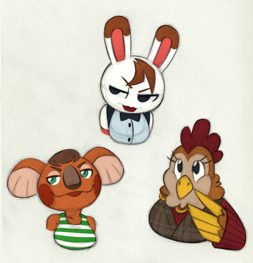 animal_crossing anthro ava_(animal_crossing) avian avian_caruncle beak big_ears bird black_eyes bow_tie breasts brown_body brown_feathers brown_hair bust_portrait canberra_(animal_crossing) chicken chubby_cheeks clothing comb_(anatomy) dress eyelashes feather_hands feathers female fur galliform gallus_(genus) green_eyes grey_nose group hair half-closed_eyes head_crest head_tuft hi_res koala lagomorph leporid lipstick looking_aside looking_up makeup mammal marsupial narrowed_eyes neck_tuft nintendo noseless orange_body orange_fur pattern_clothing phasianid portrait rabbit red_cheeks red_clothing red_sweater red_topwear shirt simple_background smile squealydealy striped_clothing stripes sweater tank_top tiffany_(animal_crossing) topwear trio tuft uniform vombatiform white_body white_fur winged_arms wings