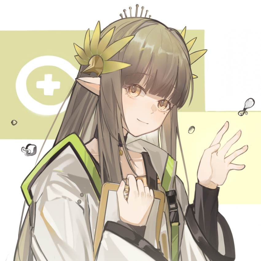 1girl arknights black_choker blunt_bangs brown_hair choker clipboard closed_mouth elf highres holding holding_clipboard lab_coat long_hair long_sleeves looking_at_viewer minami_branch_peach mole mole_under_eye muelsyse_(arknights) pointy_ears rhine_lab_logo smile solo upper_body very_long_hair water waving yellow_eyes