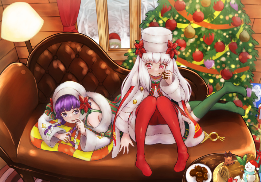 1boy 2girls bangs box braid christmas_tree couch eating fire_emblem fire_emblem:_the_sacred_stones fire_emblem:_three_houses fire_emblem_heroes flower food fur_trim gift gift_box glasses green_thighhighs hat hat_flower highres howaito_gyuunyuu ignatz_victor ignatz_victor_(winter) lamp long_hair long_sleeves looking_at_another lute_(fire_emblem) lute_(winter)_(fire_emblem) lysithea_von_ordelia lysithea_von_ordelia_(winter) multiple_girls official_alternate_costume on_couch pantyhose purple_eyes purple_hair red_eyes red_headwear red_pantyhose santa_hat sitting snowman thighhighs twin_braids white_hair white_headwear window