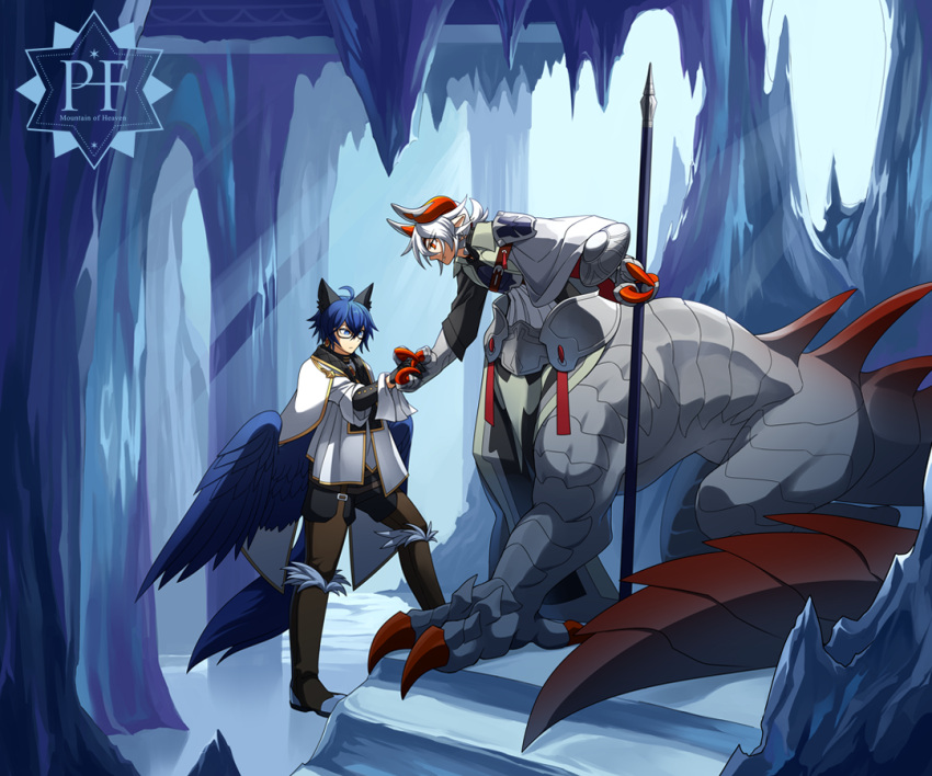 2boys ahoge animal_ears animal_hands arm_shield blue_background blue_eyes blue_hair blue_wings boots bots cape centauroid claws dragon_boy dragon_horns dragon_tail feathered_wings fewer_digits full_body fur-trimmed_boots fur_trim glasses grey_scales hand_up holding holding_hands holding_polearm holding_weapon horns ice indoors ketaru looking_at_another looking_to_the_side male_focus medium_hair monster_boy multicolored_eyes multiple_boys pelvic_curtain pixiv_fantasia pixiv_fantasia_mountain_of_heaven pointy_ears polearm red_eyes red_horns scales shield short_hair short_ponytail slit_pupils spear spines stalactite stalagmite tail taur weapon white_cape white_hair wings yellow_eyes