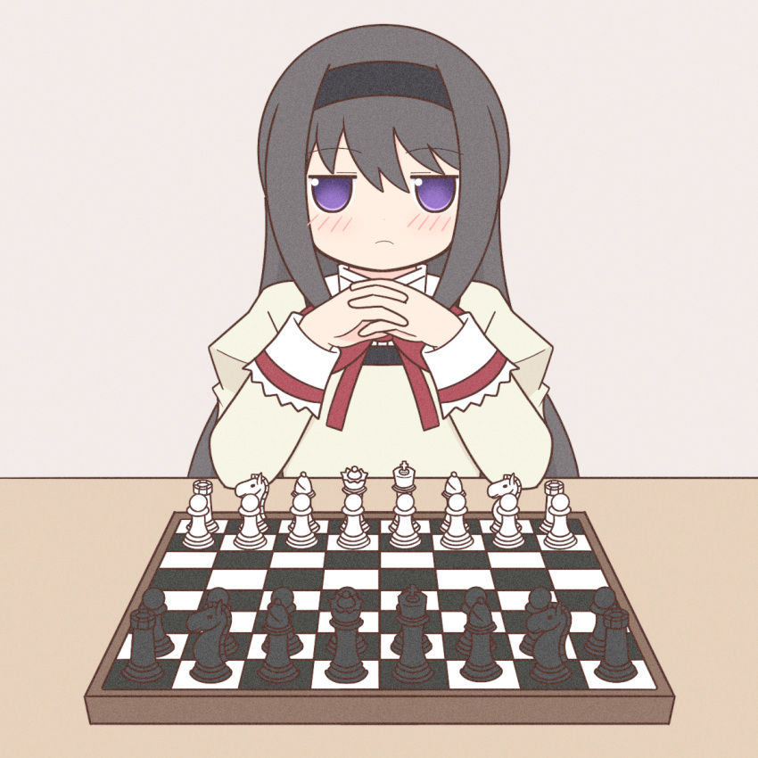 1girl akemi_homura bishop_(chess) black_hair blush chess_piece chessboard closed_mouth highres king_(chess) knight_(chess) long_hair long_sleeves mahou_shoujo_madoka_magica own_hands_clasped own_hands_together pawn_(chess) purple_eyes queen_(chess) rook_(chess) solo yuno385