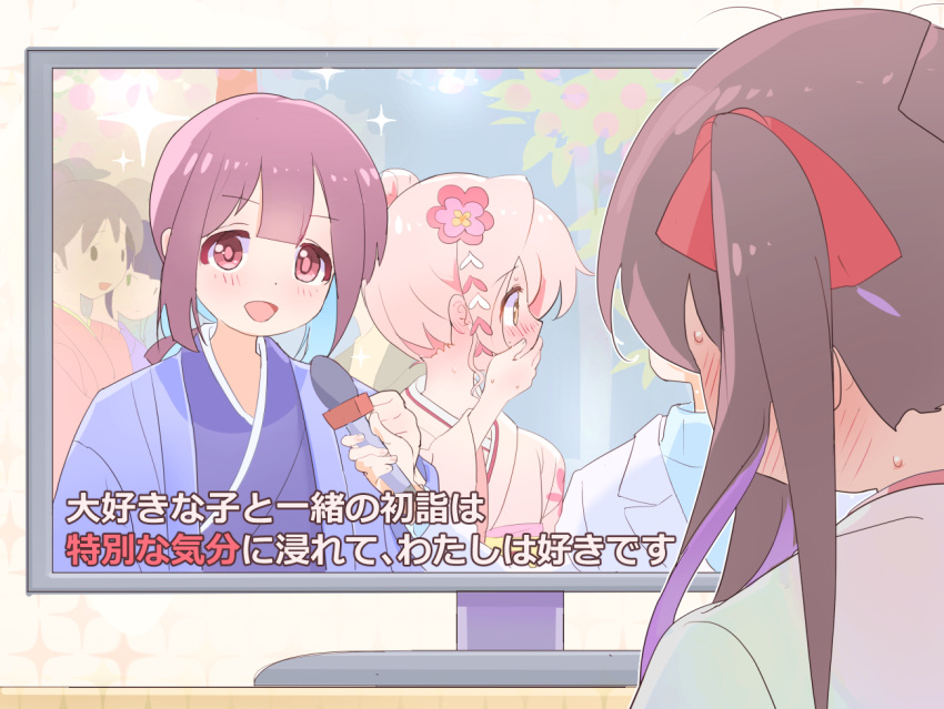 3girls :d bangs black_hair blue_kimono blunt_bangs blush brown_eyes brown_hair colored_inner_hair commentary couple covering_mouth embarrassed flower hair_flower hair_ornament hair_ribbon hair_up holding holding_microphone hozuki_momiji interview japanese_clothes kimono kyarahiba looking_away meme microphone multicolored_hair multiple_girls onii-chan_wa_oshimai! open_mouth oyama_mahiro oyama_mihari pink_hair pink_kimono purple_hair red_ribbon ribbon short_hair short_ponytail smile sparkle special_feeling_(meme) television translated twintails two-tone_hair yuri