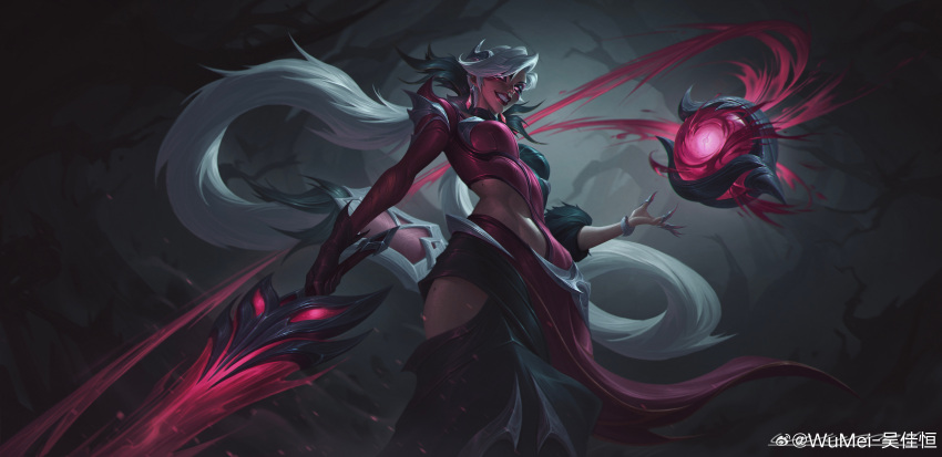 1girl absurdres artist_name branch breasts clenched_teeth coven_nilah cowboy_shot fingernails forest glowing glowing_eyes highres holding holding_weapon large_breasts league_of_legends long_hair looking_at_viewer nature night nilah_(league_of_legends) official_alternate_costume official_alternate_hairstyle outdoors parted_bangs pink_eyes smile solo standing teeth tree twintails weapon white_hair wumei_(wujiaheng)