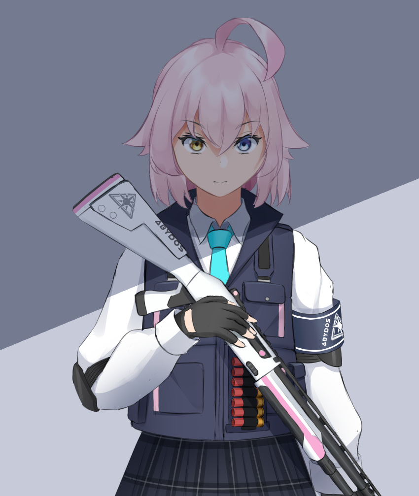 1girl absurdres armband beretta_1301 black_gloves blue_archive gloves gun halo heterochromia highres hoshino_(blue_archive) long_sleeves necktie noix pink_hair shirt short_hair shotgun skirt vest weapon white_shirt