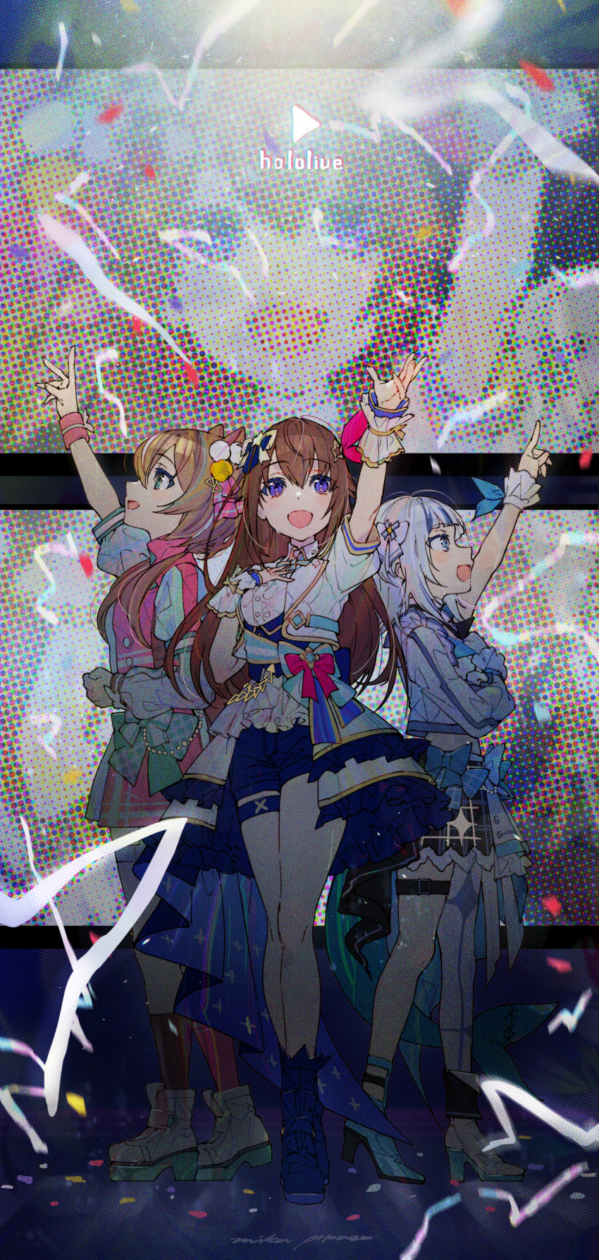 3girls absurdres animal_ears ayunda_risu blue_eyes blue_hair blue_shorts brown_hair confetti copyright_name fins fish_tail gawr_gura green_eyes hand_on_own_face high_heels highres hololive hololive_english hololive_idol_uniform_(bright) hololive_indonesia idol_clothes mika_pikazo multicolored_hair multiple_girls plaid plaid_skirt pointing pointing_up shark_girl shark_tail shorts skirt squirrel_ears squirrel_girl streaked_hair tail thigh_strap tokino_sora virtual_youtuber white_hair wrist_cuffs