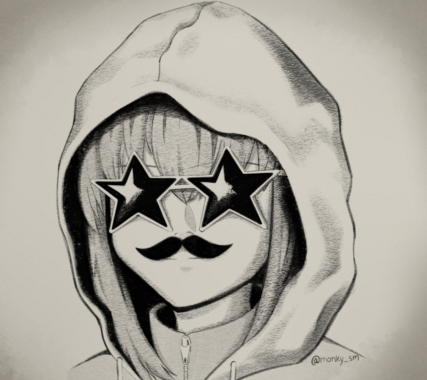 bocchi_the_rock! closed_mouth cosplay expressionless fake_facial_hair fake_mustache gotoh_hitori greyscale hood hood_up hoodie jacket monky_sm monochrome sunglasses ted_kaczynski ted_kaczynski_(cosplay) track_jacket