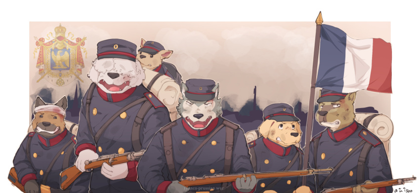 anthro bag beastars bird_dog canid canine canis clothed clothing collot_(beastars) coyote domestic_dog drum durham_(beastars) flag footwear france french_flag fur group gun hat headgear headwear hi_res hunting_dog hyena jack_(beastars) labrador legoshi_(beastars) male mammal melee_weapon miguno_(beastars) mitchthegoat musical_instrument musket percussion_instrument ranged_weapon retriever room_701 shoes spotted_hyena voss_(beastars) weapon wolf