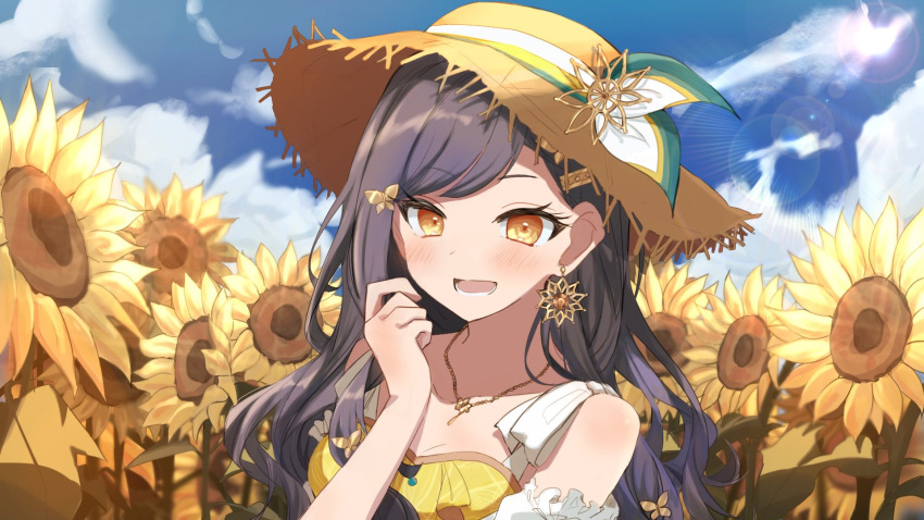 1girl black_hair blue_hair butterfly_hair_ornament dress earrings flower gold_earrings gradient_hair hair_ornament hairclip hat highres irukaneko jewelry long_hair looking_at_viewer multicolored_hair open_mouth orange_eyes project_sekai shiraishi_an single_earring smile sun_hat sunflower sunflower_earring the_vivid_old_tale_(project_sekai) white_sleeves yellow_dress yellow_theme