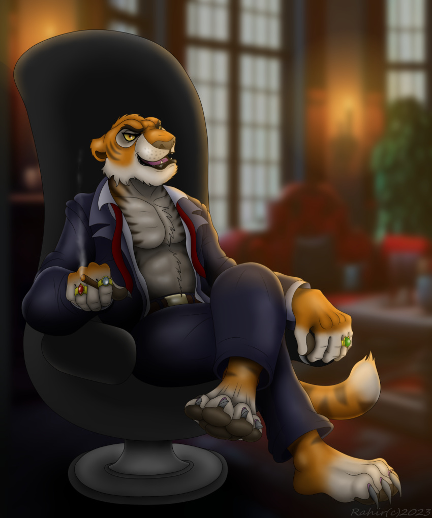 anthro chair chest_(disambiguation) cigar clothing digital_media_(artwork) disney domestic_cat felid feline felis furniture furry hi_res invalid_tag khan male mammal pantherine pawpads paws pecs pose shere shirt sitting smoking talespin tiger topwear unbuttoned