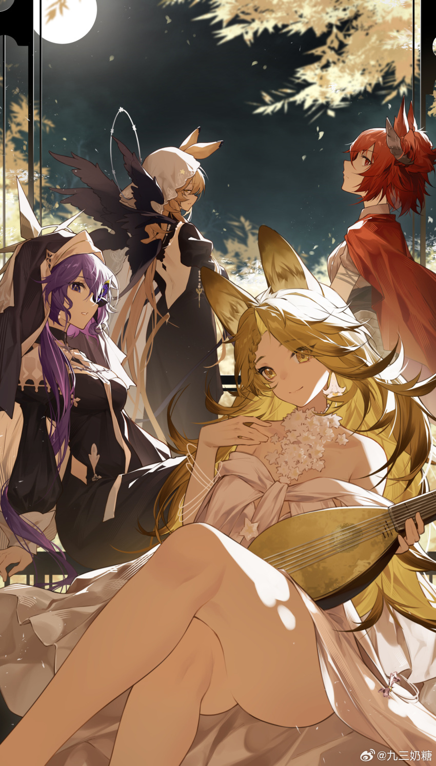 4girls absurdres animal_ears arknights back backless_dress backless_outfit bare_shoulders blonde_hair butterfly_over_eye cape cat_ears cat_girl closed_mouth commentary_request crossed_legs dorothy_(arknights) dorothy_(hand_of_destiny)_(arknights) dress fiammetta_(arknights) fiammetta_(divine_oath)_(arknights) flower grey_shirt habit highres holding holding_instrument instrument jiusan_naitang juliet_sleeves long_hair long_sleeves looking_at_viewer looking_back moon mouse_ears mouse_girl multiple_girls night off-shoulder_dress off_shoulder official_alternate_costume parted_bangs parted_lips puffy_sleeves purple_eyes purple_hair quercus_(arknights) quercus_(the_bard's_tale)_(arknights) red_cape red_eyes red_hair shirt sideways_glance sitting smile whisperain_(arknights) whisperain_(priory_of_abyss)_(arknights) white_dress white_flower white_veil yellow_eyes