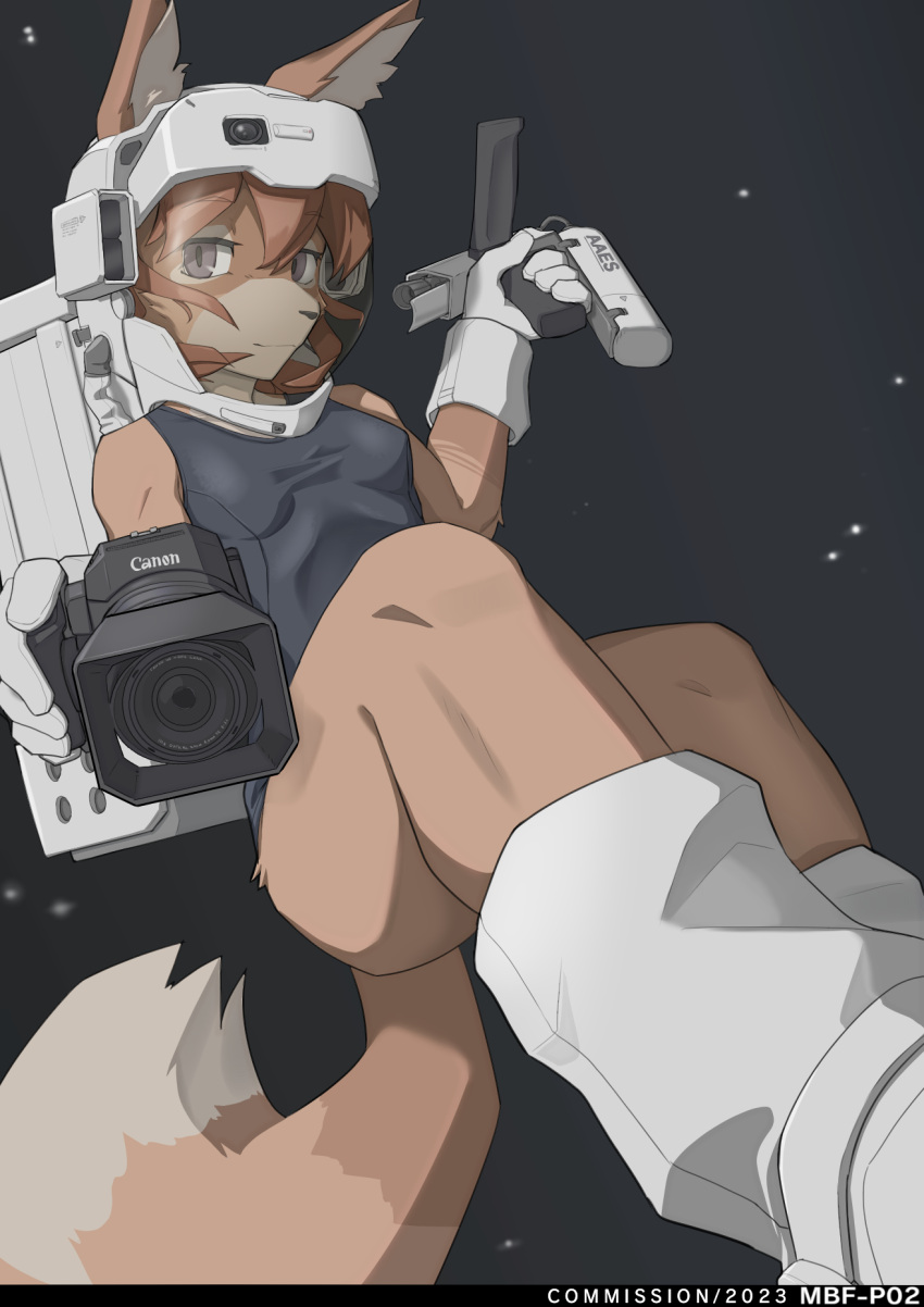 2023 5_fingers anthro armor black_nose breasts camera canid canine canon_(company) clothing cosmic_background female fingers fox fur hair headgear helmet hi_res inner_ear_fluff looking_at_viewer mammal mbf-p02 pale_eyes red_body red_fur red_hair simple_background solo space space_background space_helmet star swimwear tan_body tan_fur tuft