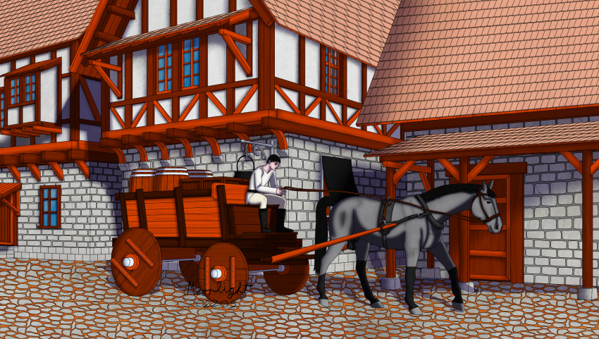 barrel carriage duo equid equine feral harness hi_res horse human male male/male mammal medieval moonlight28 patreon town