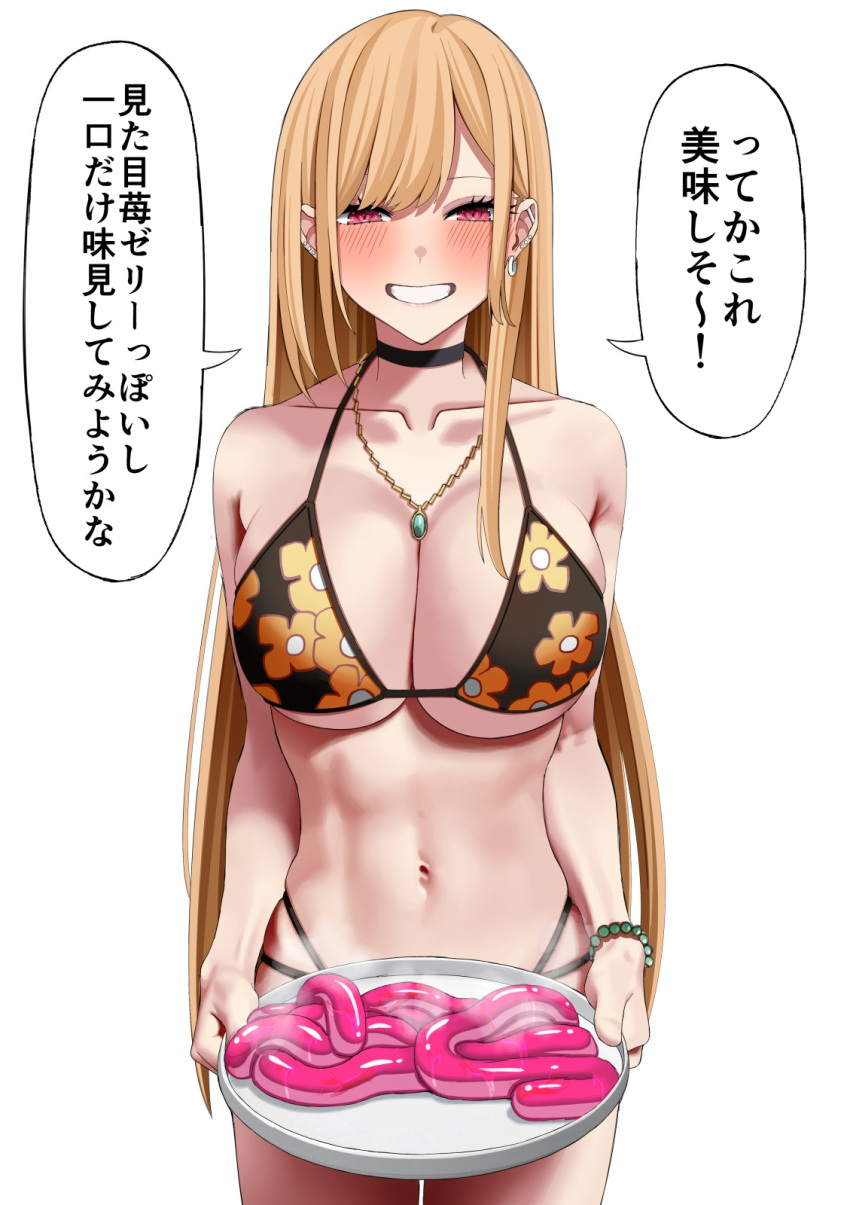 1girl bead_bracelet beads bikini blonde_hair blush bracelet breasts choker cleavage ear_piercing earrings eyeliner floral_print grin highres jewelry kitagawa_marin makeup navel necklace paid_reward_available piercing pink_eyes ryou_(ryoutarou) simple_background smile solo sono_bisque_doll_wa_koi_wo_suru swimsuit translation_request white_background