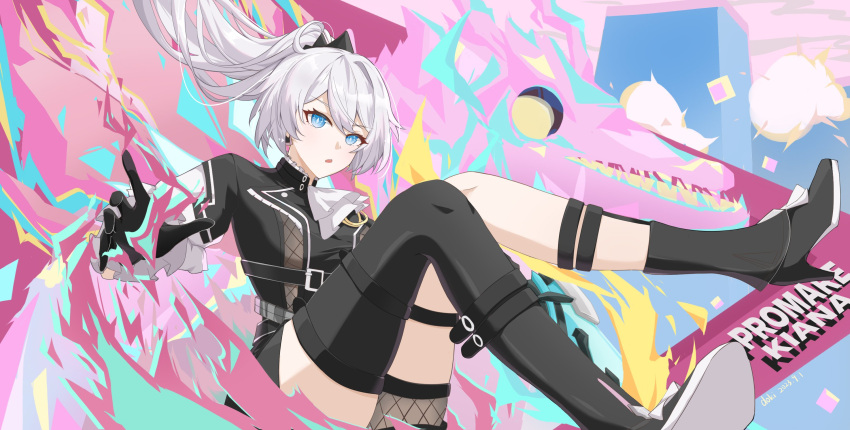 1girl :i ascot belt black_footwear black_gloves black_shirt blue_eyes character_name chinese_commentary cosplay crown earrings fishnets gloves high_ponytail highres honkai_(series) honkai_impact_3rd jewelry kiana_kaslana kiana_kaslana_(herrscher_of_flamescion) lio_fotia lio_fotia_(cosplay) long_hair lubeludlk official_alternate_costume open_hand ponytail promare shirt single_thighhigh solo thighhighs white_hair