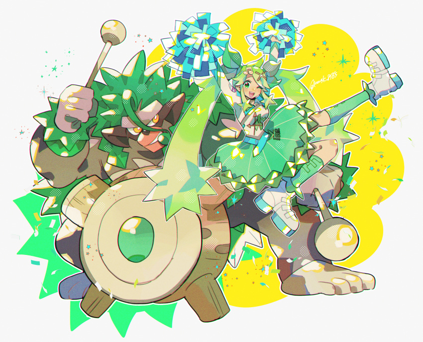 1girl absurdres arms_up cheerleader dress drum drumsticks gorilla grass_miku_(project_voltage) green_eyes green_hair green_skirt green_socks hair_ornament hatsune_miku highres instrument jumping kawasaki_(kwsk_8765) long_hair musical_note one_eye_closed open_mouth pokemon pokemon_(creature) pom_pom_(cheerleading) print_dress project_voltage rillaboom shoes skirt smile sneakers socks twintails very_long_hair vocaloid x_hair_ornament