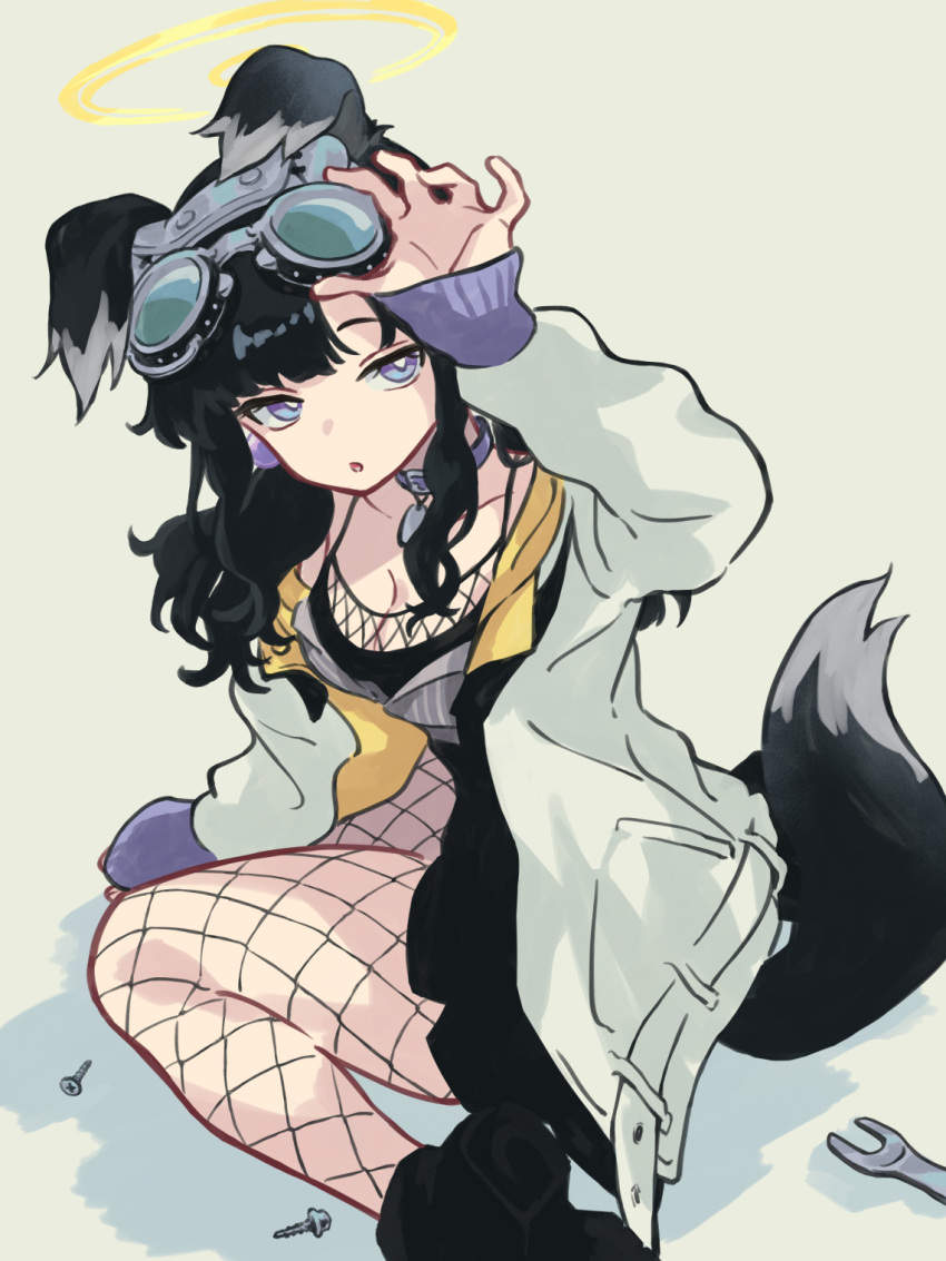 1girl animal_ears black_footwear black_hair black_shorts blue_archive breasts cleavage collar dog_ears dog_girl dog_tags dog_tail eyewear_on_head fishnet_pantyhose fishnets goggles goggles_on_head halo hibiki_(blue_archive) highres jacket medium_breasts pantyhose purple_eyes seiza shorts sitting solo tail tomura_kino white_jacket yellow_halo
