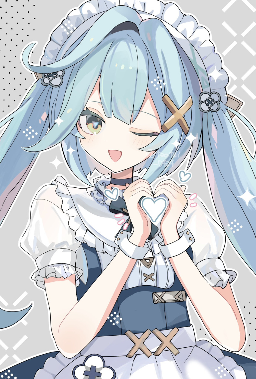 1girl apron aqua_hair blue_hair choker faruzan_(genshin_cafe)_(genshin_impact) faruzan_(genshin_impact) frilled_shirt_collar frills genshin_impact hair_ornament heart highres long_hair maid_headdress official_alternate_costume one_eye_closed open_mouth shirocha_tei short_sleeves sidelocks smile solo sparkle triangle-shaped_pupils twintails twitter_username upper_body white_apron wrist_cuffs x_hair_ornament