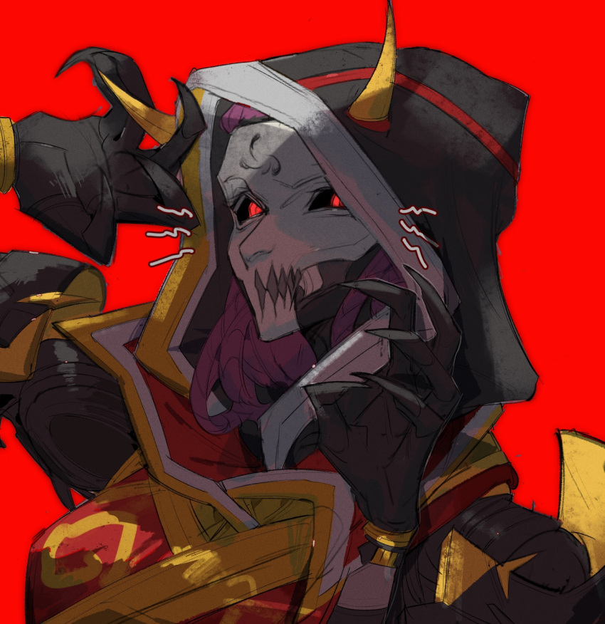 1girl android apex_legends ash_(titanfall_2) black_sclera cable claw_pose colored_sclera commentary highres hood hood_up horns inner_demon_ash jacket mask official_alternate_costume portrait purple_hair red_background red_eyes red_jacket ruu47 simulacrum_(titanfall) smile solo symbol-only_commentary