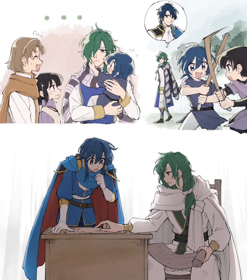 ... 6+boys age_progression aged_down belt belt_buckle black_belt black_eyes black_hair blue_cape blue_hair brown_hair buckle cape chair closed_eyes closed_mouth commentary_request cousins fire_emblem fire_emblem:_genealogy_of_the_holy_war flying_sweatdrops gloves green_eyes green_hair hair_over_one_eye headband highres holding holding_sword holding_weapon lewyn_(fire_emblem) long_hair male_focus multiple_boys oifey_(fire_emblem) one_eye_covered open_mouth plaid plaid_scarf ponytail robe s1wa_3 scarf scathach_(fire_emblem) seliph_(fire_emblem) shannan_(fire_emblem) sigurd_(fire_emblem) sitting smile sword table weapon white_cape white_gloves white_headband white_robe white_scarf wooden_sword