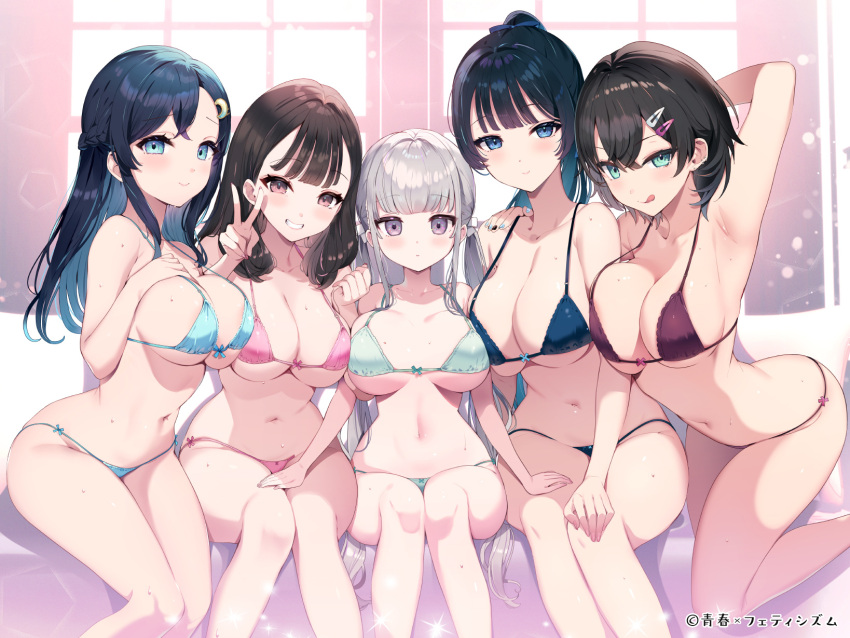 5girls :q aoharu_x_fetishism aqua_bra aqua_eyes aqua_panties arm_behind_head arm_up armpits between_breasts black_hair black_nails blue_bra blue_eyes blue_hair blue_nails blue_panties blunt_bangs blush bow bow_bra bow_panties bowtie bra breasts brown_eyes brown_hair copyright_name couch crescent crescent_hair_ornament cube_hair_ornament dark_blue_hair ear_piercing expressionless fingernails grey_hair grin hair_between_eyes hair_bow hair_ornament hairclip half_updo hand_on_another's_shoulder hand_on_another's_thigh hand_on_own_chest hand_on_own_thigh head_tilt high_ponytail highres indoors kat_(bu-kunn) kneeling knees_together_feet_apart large_breasts long_hair looking_at_viewer mole mole_on_breast multicolored_nails multiple_girls navel neck_ribbon necktie on_couch open_clothes panties petite piercing pink_bra pink_panties purple_bra purple_eyes purple_panties ribbon short_hair sidelocks sitting smile strap_gap sweat thong tongue tongue_out twintails underwear v very_long_hair