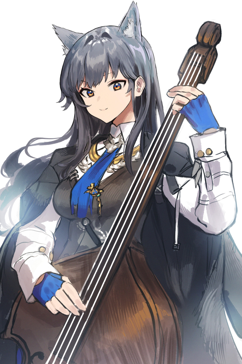 1girl absurdres adamosina animal_ear_fluff animal_ears arknights black_hair black_jacket black_vest blue_gloves breasts closed_mouth collared_shirt commentary_request fingerless_gloves gloves hand_up highres holding holding_instrument instrument instrument_request jacket jacket_on_shoulders long_hair long_sleeves looking_at_viewer medium_breasts red_eyes shirt simple_background smile solo texas_(arknights) texas_the_omertosa_(arknights) very_long_hair vest white_background white_shirt