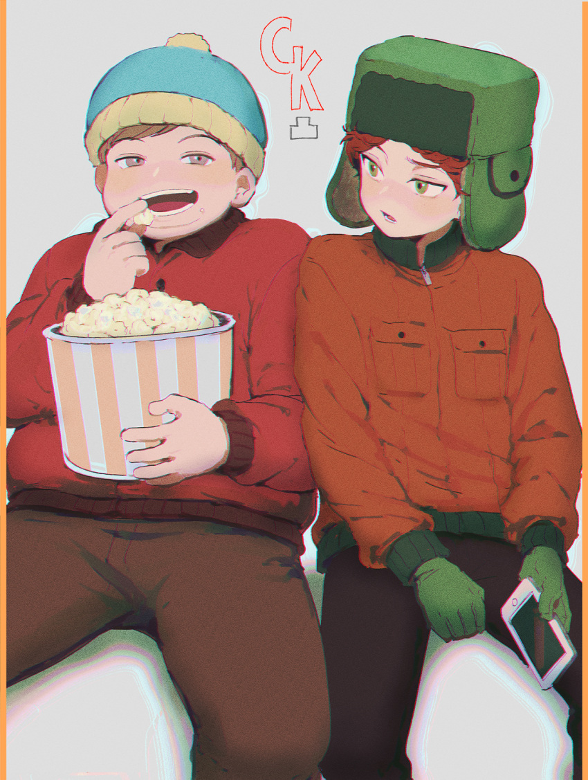 2boys animification brown_hair brown_pants eric_cartman food gloves green_eyes green_gloves green_headwear hat highres holding holding_phone kyle_broflovski long_sleeves multiple_boys open_mouth pants pantygnomes phone popcorn red_hair south_park teeth