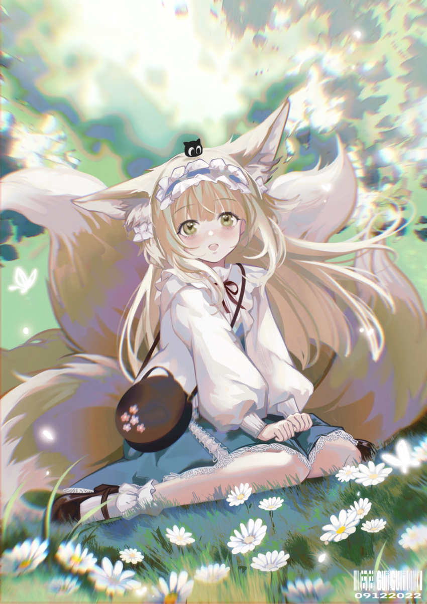 1girl animal_ear_fluff animal_ears arknights bag black_bag black_footwear blonde_hair blue_hairband blue_skirt chinese_commentary commentary_request creature_on_head flower fox_ears fox_girl fox_tail frilled_hairband frills full_body grass hairband handbag heixiu highres long_hair long_sleeves mary_janes multiple_tails neck_ribbon puffy_sleeves red_ribbon ribbon shirt shoes sitting skirt sleeve_cuffs socks solo suzuran_(arknights) suzuran_(spring_praise)_(arknights) tail wariza white_flower white_shirt white_socks xianyu_guguzi