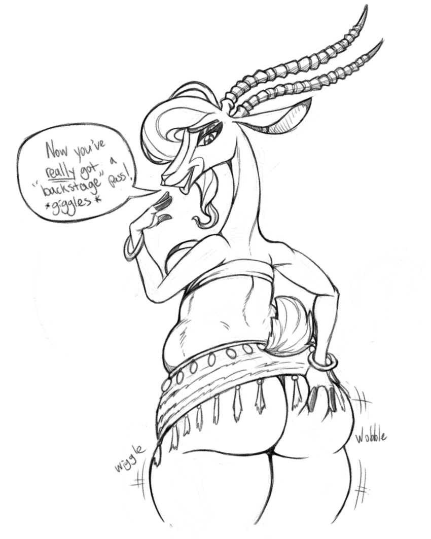 after_vore antelope anthro big_butt bottomwear bovid bracelet butt butt_grab butt_jiggle clothing coin_belt crop_top digital_drawing_(artwork) digital_media_(artwork) disney female gazelle gazelle_(zootopia) giggle hand_on_butt hand_on_own_butt hi_res huge_butt jewelry jiggling killboo long_neck looking_at_butt looking_back love_handles mammal midriff rear_view shirt skirt slightly_chubby talking_to_prey tassels teasing thick_thighs thigh_jiggle tight_skirt topwear underbutt vore weight_gain zootopia