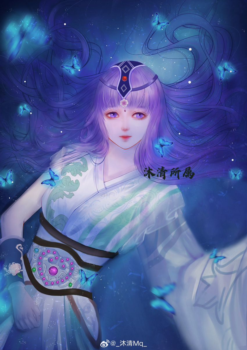 1girl absurdres arm_up artist_request asymmetrical_sleeves blue_background bug butterfly closed_mouth flower hair_ornament highres light_particles looking_at_viewer lotus lying on_back purple_eyes purple_hair qinshi_mingyue realistic second-party_source shao_siming_(qinshi_mingyue) solo two-tone_dress upper_body