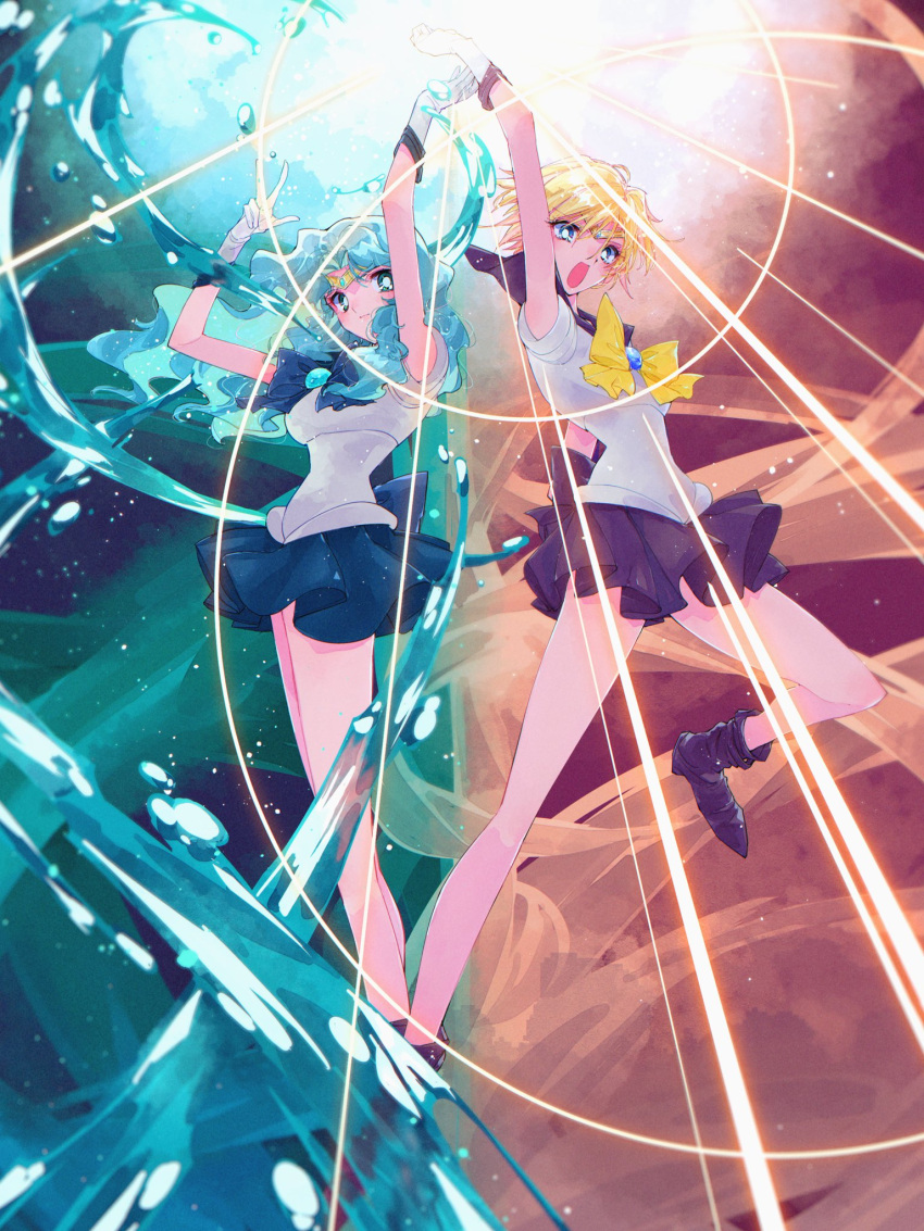 2girls aqua_eyes aqua_hair arms_up back_bow bishoujo_senshi_sailor_moon blonde_hair blue_bow blue_eyes blue_skirt boots bow breasts brooch full_body gloves highres jewelry kaiou_michiru long_hair looking_at_viewer medium_breasts multiple_girls open_mouth parted_bangs pleated_skirt pochi_(askas_is_god) sailor_neptune sailor_senshi_uniform sailor_uranus shirt short_hair short_sleeves skirt ten'ou_haruka tiara water wavy_hair white_gloves white_shirt yellow_bow