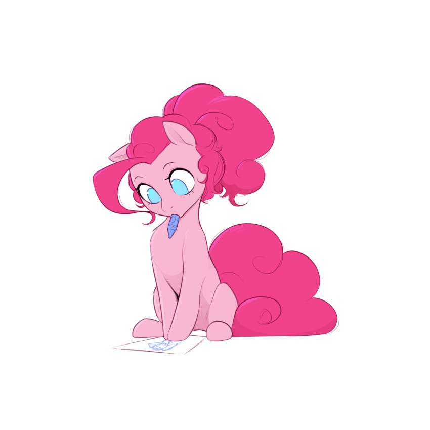 absurdres animal blue_eyes colored_skin highres horse mouth_hold my_little_pony my_little_pony:_friendship_is_magic no_humans paper pen pink_hair pink_skin pinkie_pie pudgeruffian simple_background white_background