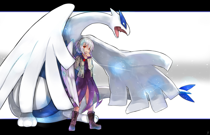 1girl arm_behind_back boots brown_footwear covering_mouth dress feathered_wings full_body grey_background grey_hair head_tilt highres jacket kishin_sagume letterboxed long_sleeves looking_at_viewer lugia medium_hair niseneko_(mofumofu_ga_ienai) open_mouth pokemon pokemon_(creature) purple_dress red_eyes simple_background single_wing standing touhou white_background wings