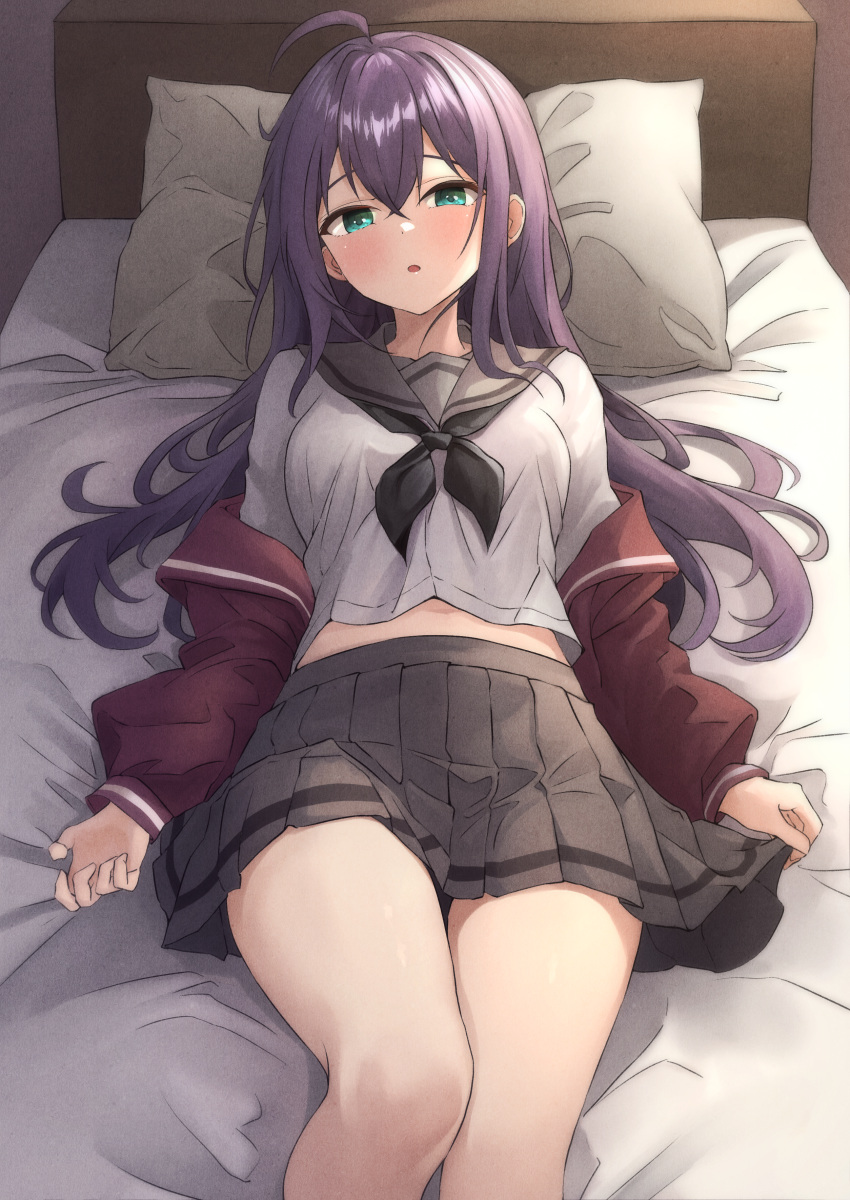 1girl :o absurdres ahoge b1ack_illust bed bed_sheet black_neckerchief black_skirt blush breasts cardigan cardigan_partially_removed feet_out_of_frame green_eyes hair_spread_out highres idolmaster idolmaster_million_live! indoors looking_at_viewer lying medium_breasts midriff_peek mochizuki_anna neckerchief on_back on_bed pillow pleated_skirt purple_hair red_cardigan school_uniform serafuku skirt solo