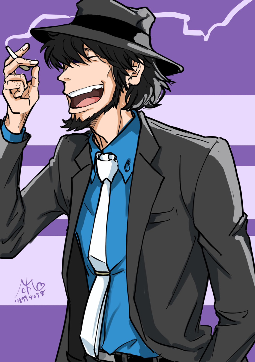 1boy beard belt between_fingers black_belt black_hair black_headwear black_jacket blue_shirt chipped_tooth cigarette closed_eyes collared_shirt facial_hair fedora fingernails hair_over_one_eye hand_in_pocket hat highres holding jacket jigen_daisuke knuckle_hair laughing long_sideburns lupin_iii male_focus michio_(hara78994098) necktie open_mouth purple_background shirt short_hair sideburns signature smoke smoking solo teeth upper_body upper_teeth_only white_necktie