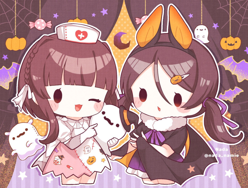 2girls animal_ears artist_name black_cape black_hair blush_stickers brown_eyes brown_hair cape cropped_legs dress fake_animal_ears halloween halloween_costume hat highres inagi_(kancolle) kantai_collection long_hair multiple_girls nada_namie nurse_cap official_alternate_costume one_eye_closed open_mouth patchwork_clothes purple_ribbon purple_skirt ribbon short_sleeves sidelocks skirt smile star_(symbol) twintails twitter_username ukuru_(kancolle) white_dress white_headwear