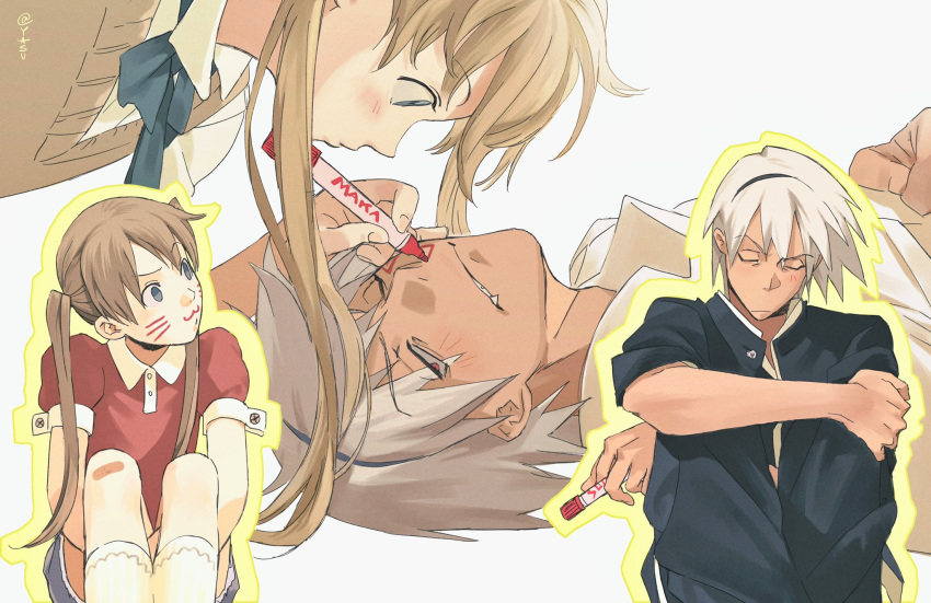 1boy 1girl ann_yasu_d closed_eyes collared_shirt drawing_on_another's_face drawn_whiskers highres holding holding_marker long_hair maka_albarn marker shirt short_hair short_sleeves sitting soul_eater soul_evans