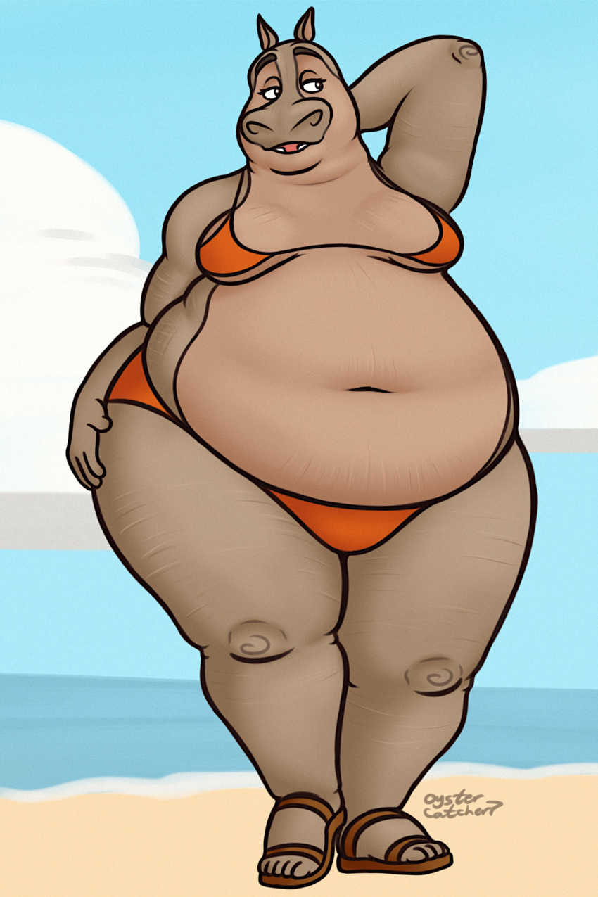 2023 absurd_res anthro beach belly big_belly bikini bikini_bottom bikini_top breasts clothing common_hippopotamus dreamworks female footwear gloria_the_hippopotamus hand_behind_head hand_on_hip hi_res hippopotamid looking_aside looking_away madagascar_(series) mammal navel obese obese_anthro obese_female open_mouth overweight overweight_anthro overweight_female oystercatcher7 sand sandals sea seaside signature sky sling_bikini solo standing swimwear teeth thick_thighs tongue water wide_hips