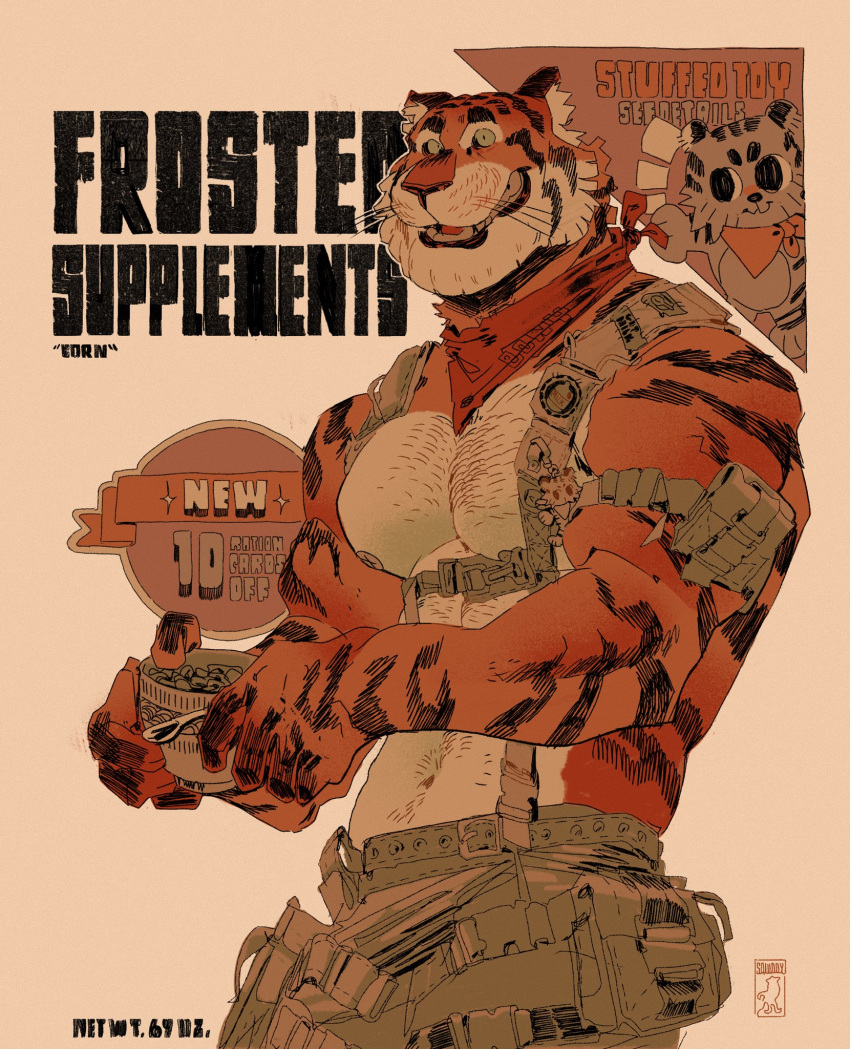 2023 advertisement anthro bandanna barazoku belt bigsquidman biped body_hair bottomwear cereal chest_hair clothing digital_media_(artwork) english_text felid food frosted_flakes fur harness hi_res holding_object kellogg's kerchief looking_at_viewer male mammal mascot muscular muscular_anthro muscular_male orange_body orange_fur pantherine pants parody pecs portrait pouches solo striped_body striped_fur stripes text three-quarter_portrait tiger tony_the_tiger whiskers