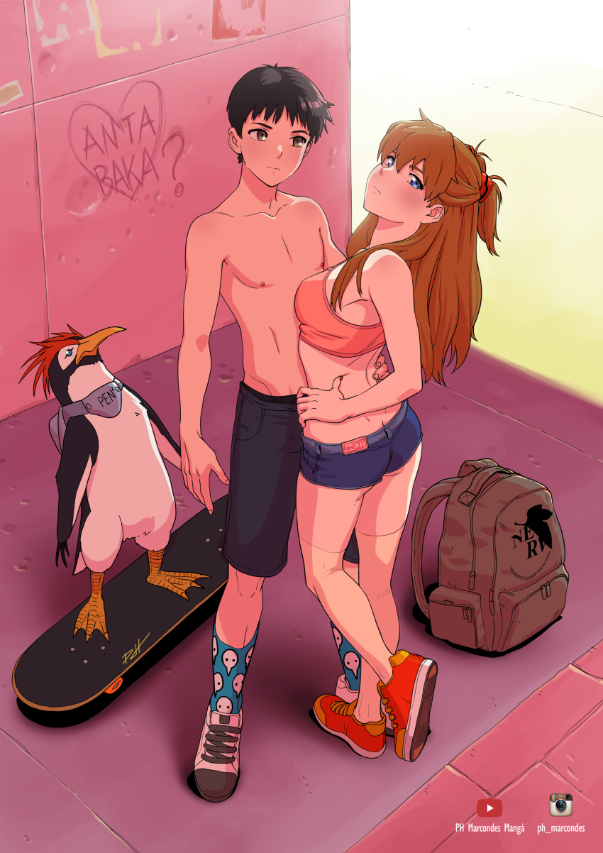 1boy 1girl absurdres backpack bag black_hair black_shorts blue_eyes blue_socks blush breasts english_commentary graffiti hand_on_another's_hip hand_on_own_hip heel_up highres ikari_shinji instagram_logo interface_headset kneehighs long_hair looking_at_viewer medium_breasts neon_genesis_evangelion nipples orange_hair penpen romaji_text shoes short_shorts shorts signature skateboard sneakers socks souryuu_asuka_langley sports_bra standing tekuho_no_habo topless webbed_feet youtube_logo